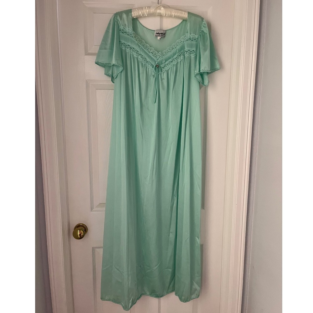 Anthony Richards Seafoam Green Lace Trim Maxi Nightgown Vintage Womens Sz L